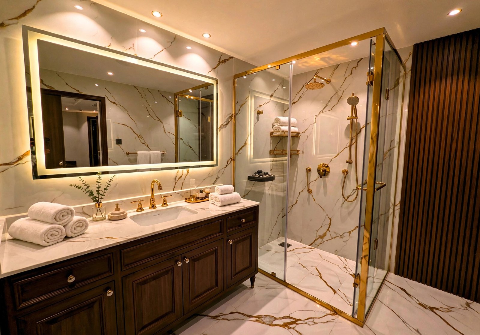 Luxury attached bathroom with marble and gold fittings