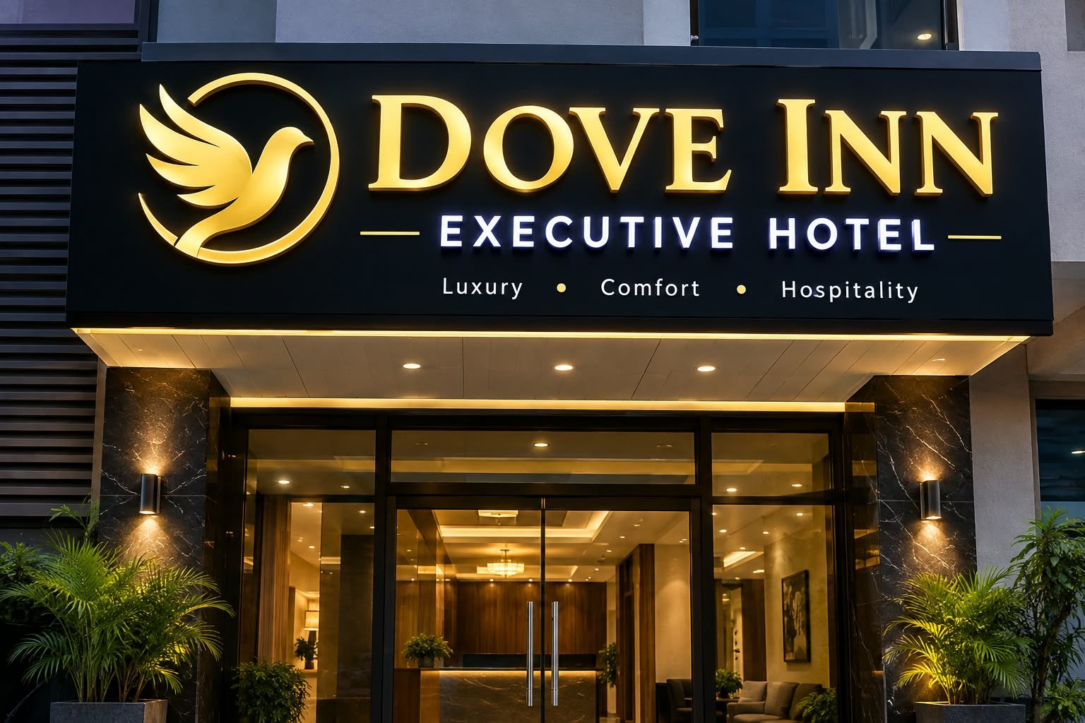 Entrance of Dove Inn Executive Hotel with gold signage, Garden Town, Lahore